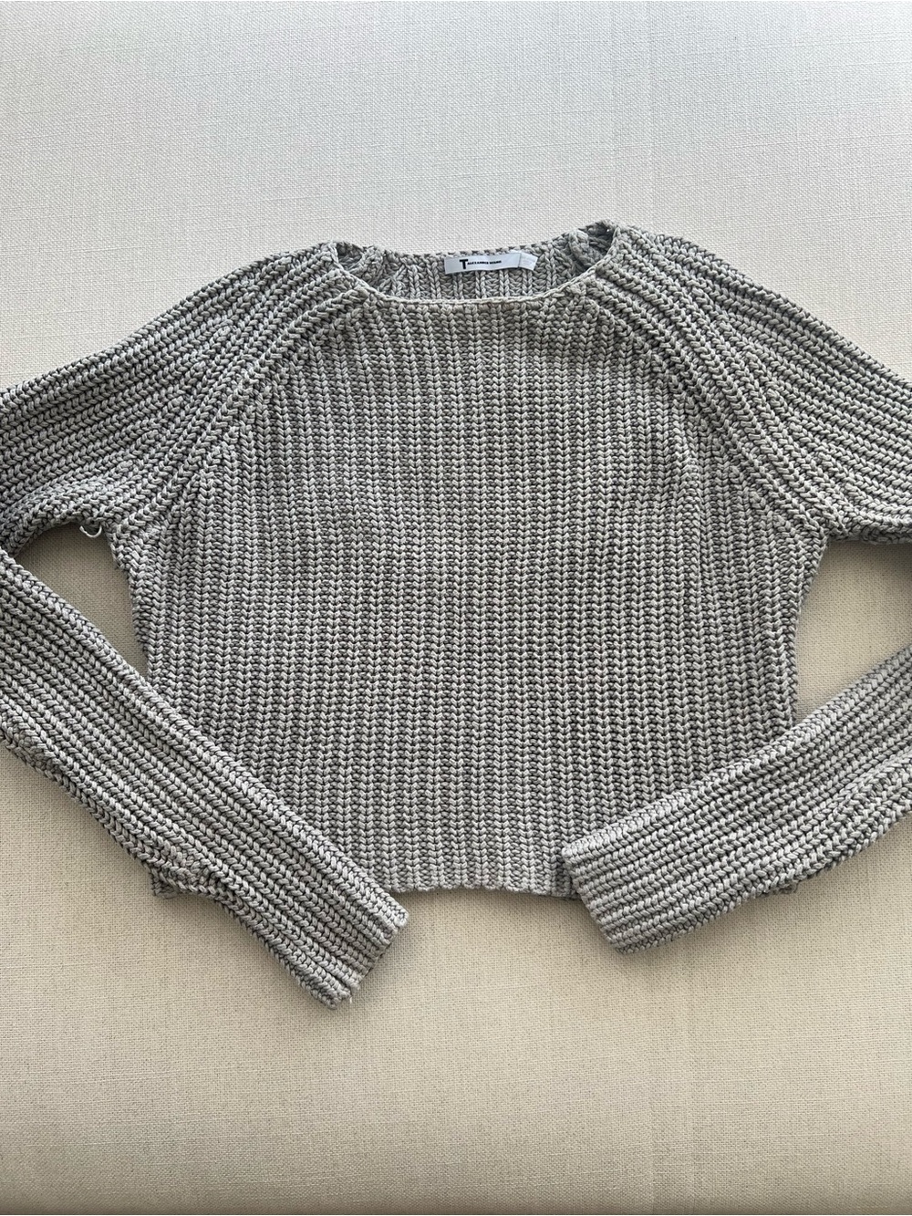 ALEXANDER WANG • Cropped Light Gray Rib Cable Knit Sweater